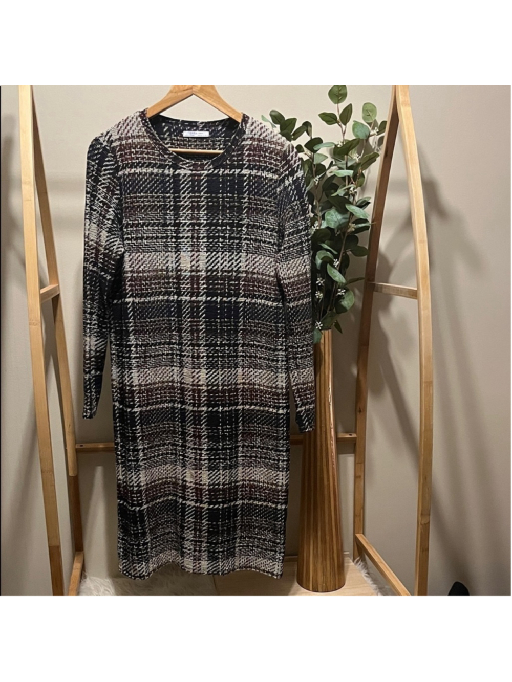 Zara Black and Brown Checkered Long Sleeve Dress